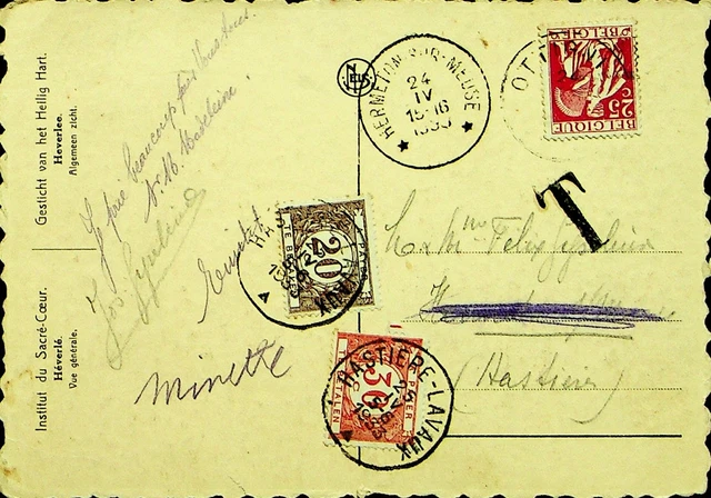 Belgique 1933 3v Heverlee General View Ppc / Taxe To Hastiere Lavaux