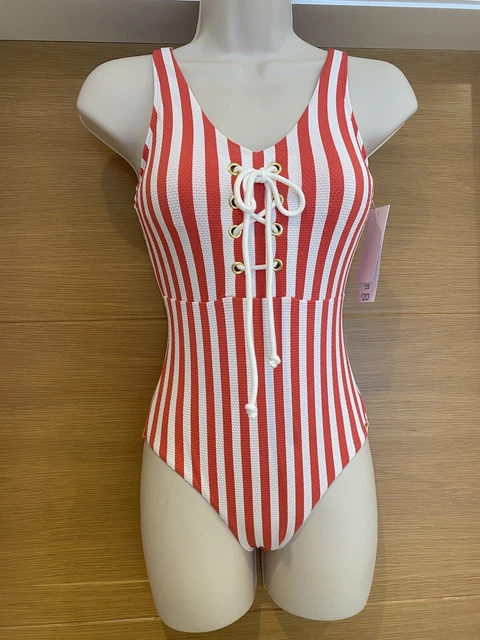 F&F @ Tesco Ladies Red White Striped Lace Front Swimsuit Costume Size 8 BNWT