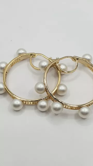 Miu Miu Gold Tone Pearl Embellished Hoop Engraved Earrings