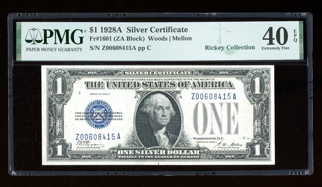 DBR 1928-A $1 Silver Funnyback Fr. 1601 ZA Block PMG XF-40 EPQ Serial Z00608415A