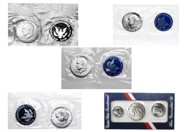 1971 1972 1973 1974 1976 S Ike Silver Dollar BU OGP Blue / Red Pack 7 Coin Lot