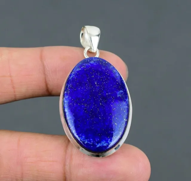 925 Solid Sterling Silver Natural Lapis Lazuli Cabochon Crystal Oval Pendant