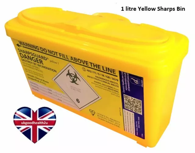 Daniels SHARPSGUARD® Yellow 1 litre Sharps Bin Container Safe Needle Disposal