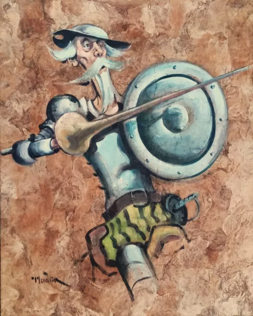 Don Quixote Late 19th C. Early 20th  OIL ON PAPER PAINTING SIGNED MENDOZA ?