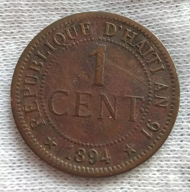 Haiti 1894 One Cent Antique Bronze World Coin