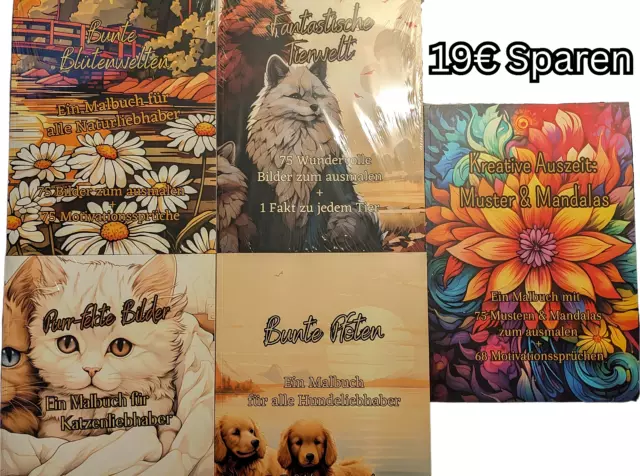 Malbuch Set: 5 Ausmalbücher für Kinder und Erwachsene - 5x 75 Bilder - DIN A4