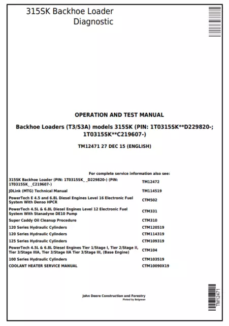 John Deere 315SK Backhoe Loader Operation Test Manual PDF/USB - TM12471