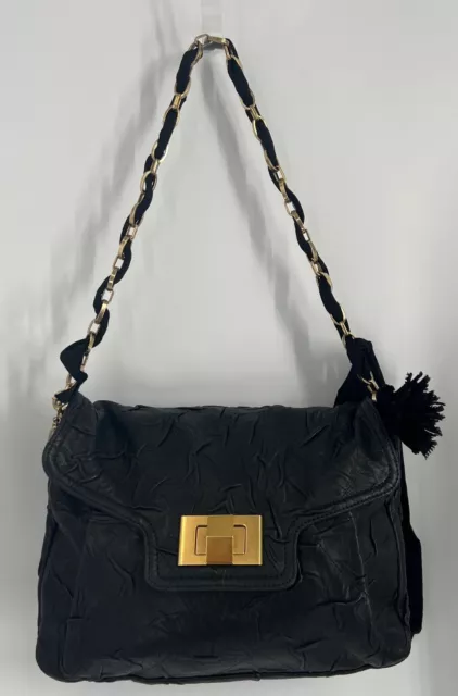 Lanvin Black Quilted textured leather Shoulder Bag Gold chain ribbon strap charm