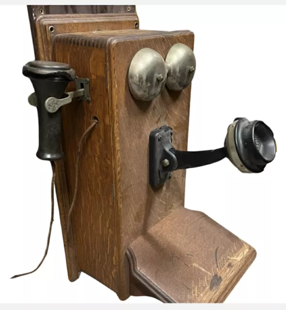 MountVintage Western Electric Telephone Hand Crank Wall  Oak Wood Box Bell Brown