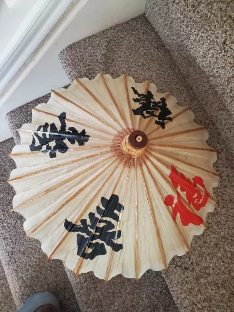 Vintage Asian Chinese Rice Paper Bamboo Parasol Umbrella Calligraphy Wood Handle