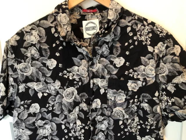 DIKOTOMY Mens Floral Print Short Sleeve Button-up Shirt Size XL Black White RARE