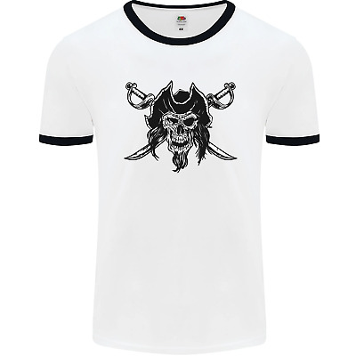 Pirate & Swords Skull Captain Jolly Roger Mens White Ringer T-Shirt