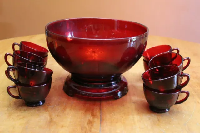 Anchor Hocking Royal Ruby 14 Piece Punch Bowl Set with Base, Bowl & 12 Cups EUC