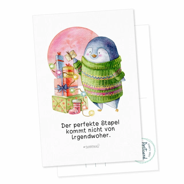 Postkarte Pinguin Nigel Der perfekte Stapel kommt nicht von Irgendwoher ...