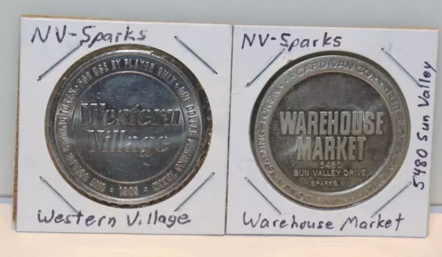(2) Vintage NV- Sparks $1 Casino  Slot Token Western/Warehouse