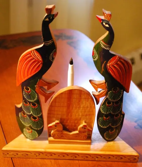 Vintage DOUBLE PEACOCK BIRDS Bamboo PEN HOLDER Hand Painted Hand Made In India