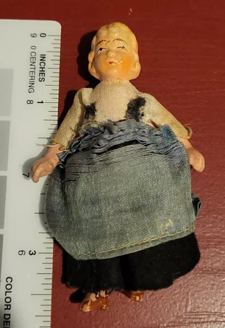 VINTAGE MINI 3.5" Bisque Porcelain DOLL Strung Arms Legs JAPAN TOONY w/ Dress