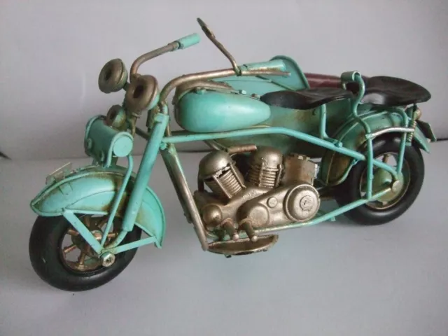 Motorcycle and Sidecar Tin Plate Model  Hand Painted/ Blue / Ornament /Gift