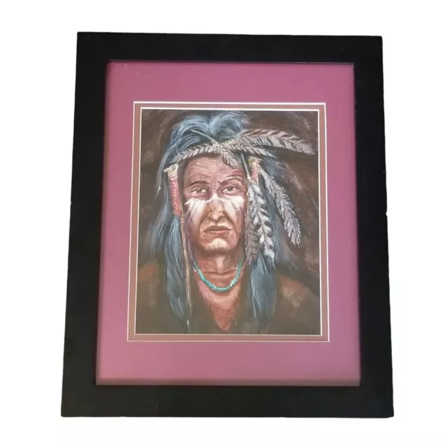 Native American Watercolor Painting Warrior Chief SIGNED Matted Framed VINTAGE
