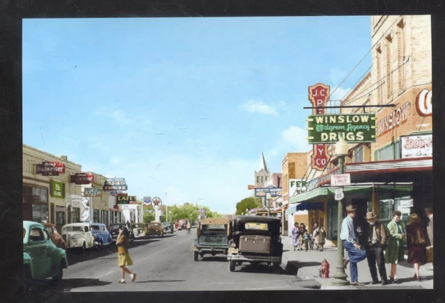 Winslow Arizona Downtown Street Scene Route 66 Old Cars Postcard Copy