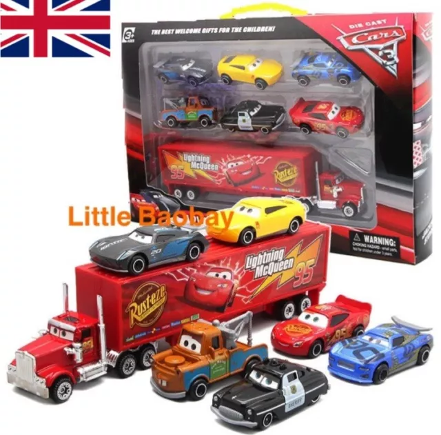 7 Pcs Disney Cars 3 Lightning McQueen Racer Car & Mack Truck Kids Toy Collection