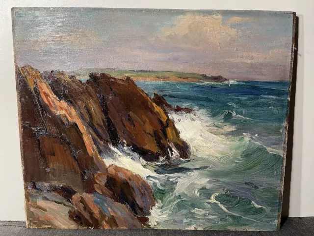 Tableau Peinture Bord de Mer Ancien Huile sur paneau 8F Signée Marine XX ème