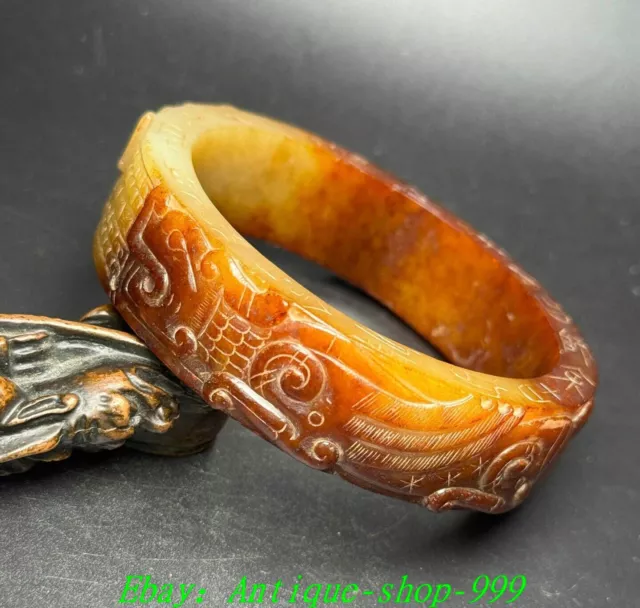 Old Chinese Dynasty Natural Hetian Jade Carve Dragon Beast Head Bracelet Bangle