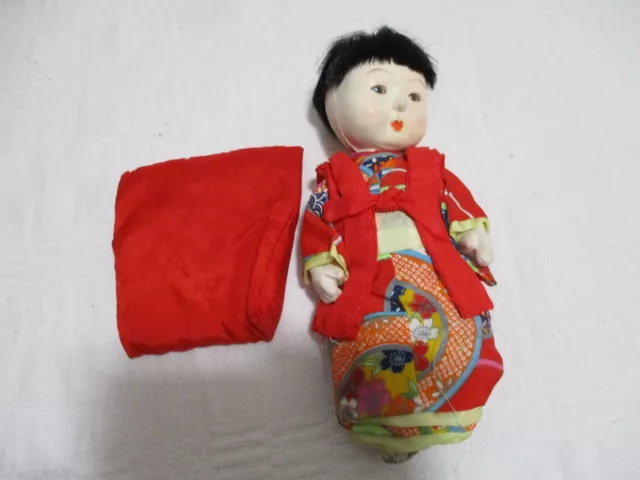 VINTAGE 1950's Japanese Ichimatsu Gofun 8” Doll With Pillow 2