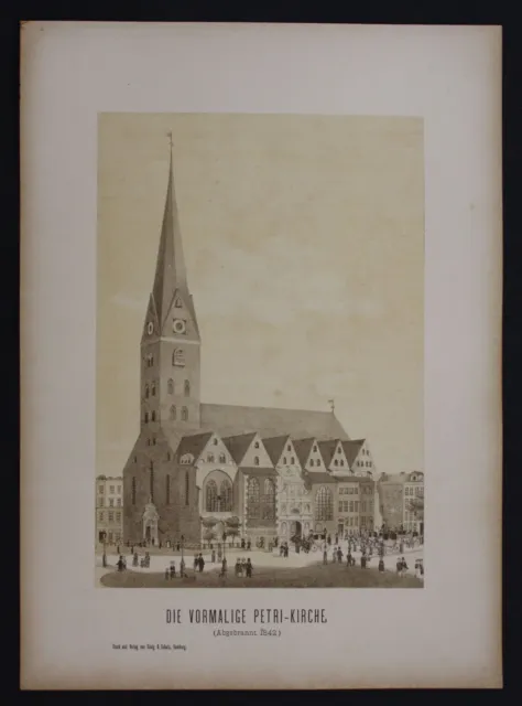 1870 - Hamburgo Petrikirche antes De 1842 Iglesia Litografía