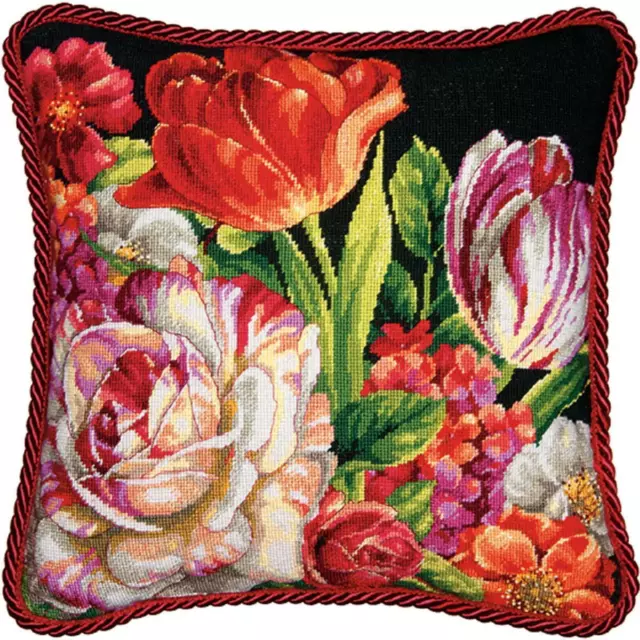 Dimensions stamped Needlepoint stitch kit "Cushion Bouquet On Black", 35,5x35,5c