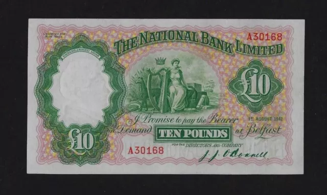 Ireland Northern National Bank Limited 10 Pounds 1942 P-160  AUNC KEY DATE