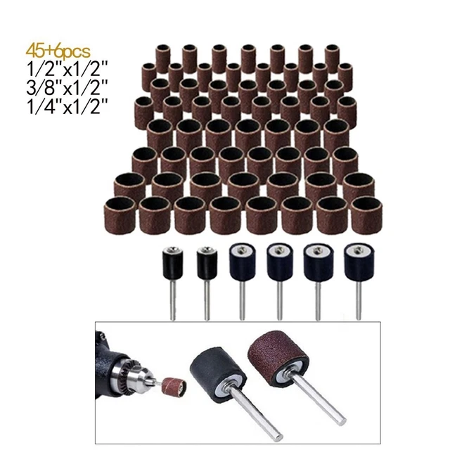 Rotary Tool Rubber Mandrel Bands Sleeves Kit con 51 hojas de papel de lija