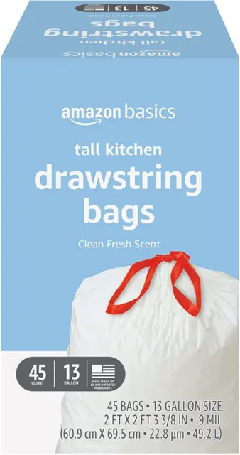 Tall Kitchen Drawstring Trash Bags, Clean Fresh Scent, 13 Gallon, 45 Count (Prev