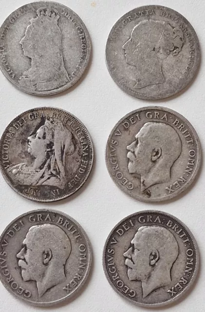 Pre 1920 One Shillings X 6 Coins, Silver .925. Lot B2