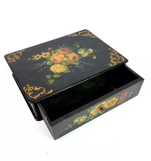 French antique large ebonised Napoleon III drawer box hand paint rose exquisite
