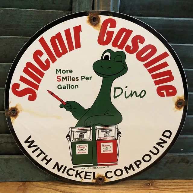 Vintage 1961 Dated Sinclair Dino Gasoline Nickle Compound Porcelain Gas Oil Sign