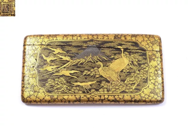 1900's Japanese Mixed Metal Gilt Iron Komai Damascene Card Case Crane Bird