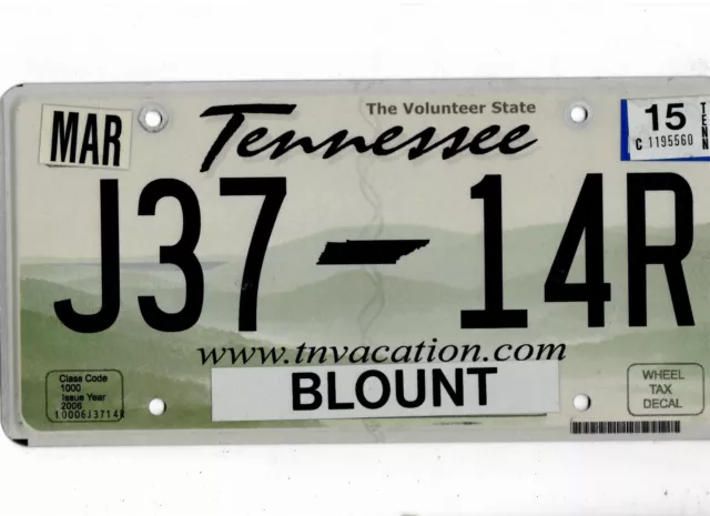 TENNESSEE passenger 2015 license plate "J34 14R" ***BLOUNT***