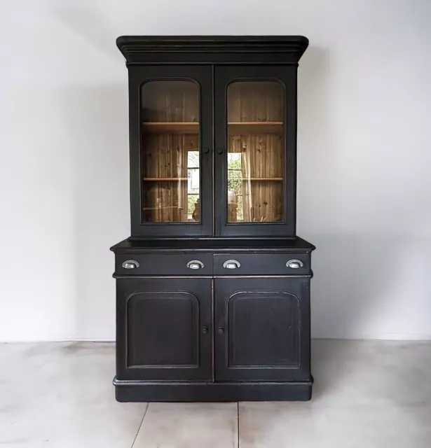 Large Pine Vintage Black Painted Display China Glazed Cupboard Cabinet Bookcase