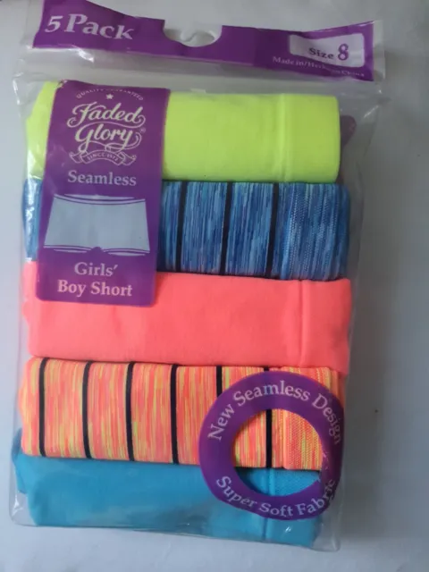 NEW Faded Glory Boy Shorts Underwear for Girls SOLIDS & STRIPES Size 8/ 5pack