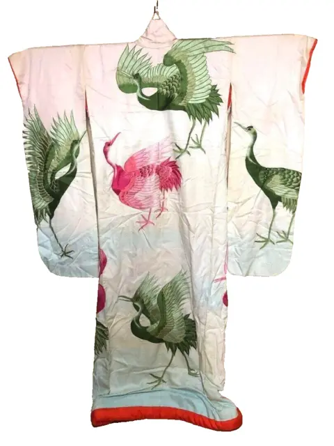 Japanese Kimono Uchikake Vintage Gorgeous wedding Pink Green Crane (u47)