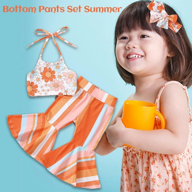 Baby Girl Outfits Knitted Sleeveless T-Shirt Vest Crop Tops Bell Bottom Pants;