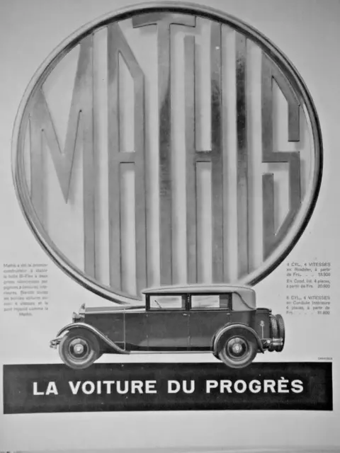 PUBLICITÉ DE PRESSE 1929 VOITURE MATHIS 4 et 6 CYL LA VOITURE DU PROGRÈS