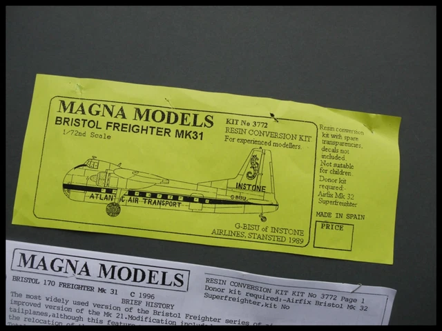 Magna Model MAGNA MODELS BRISTOL Freighter Mk31 Modèle Conversion Kit 1:72 EUR 63 ...