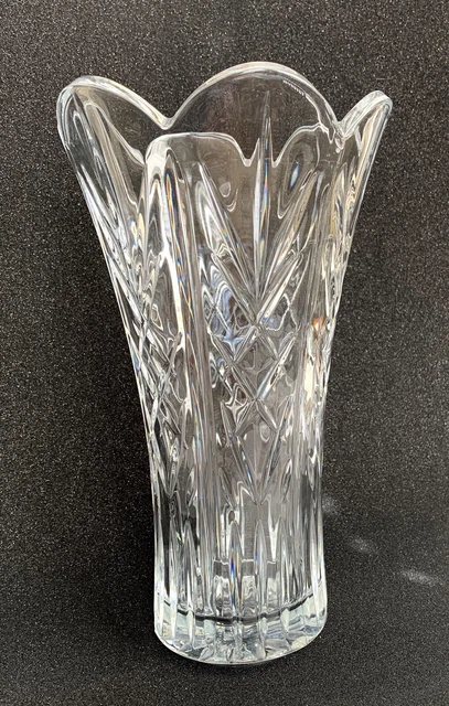 Vintage Blown Lead Crystal Flared Flower Vase. 10.5" Cut & Polished Wheat Design