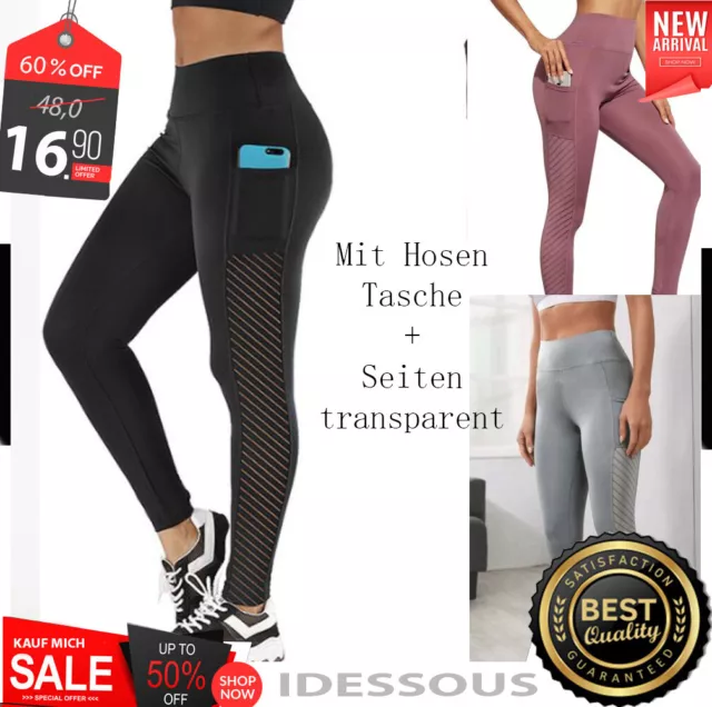 Push up Highwaist Stretch Leggings mit Taschen Sport Hose Damen Jeggings schwarz