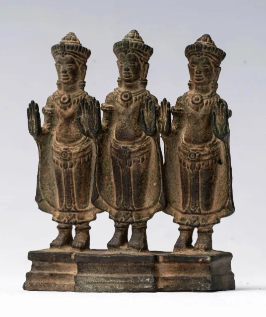 Antiker Khmer-Stil Stehschutz Buddha-Statue Triptychon - 10,5 cm/4" 3