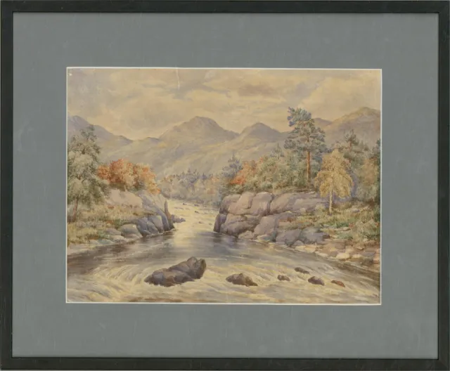 Mid 19th Century Watercolour - River View with Mountains