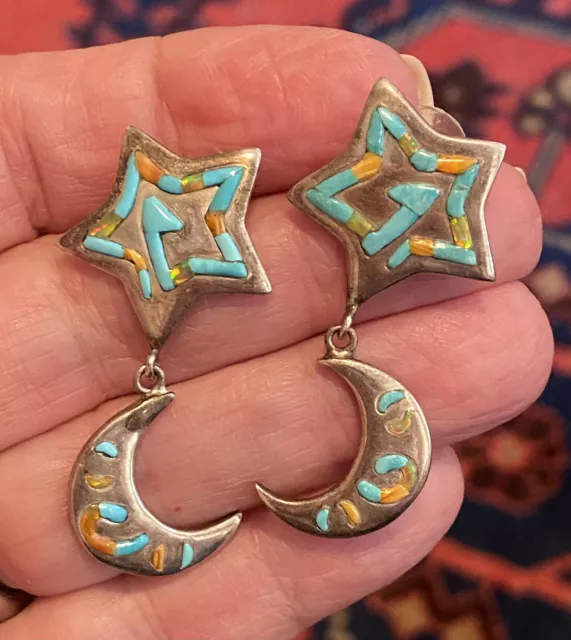 Vintage Native American Southwest Sterling Turquoise Dangling Moon Star Earrings
