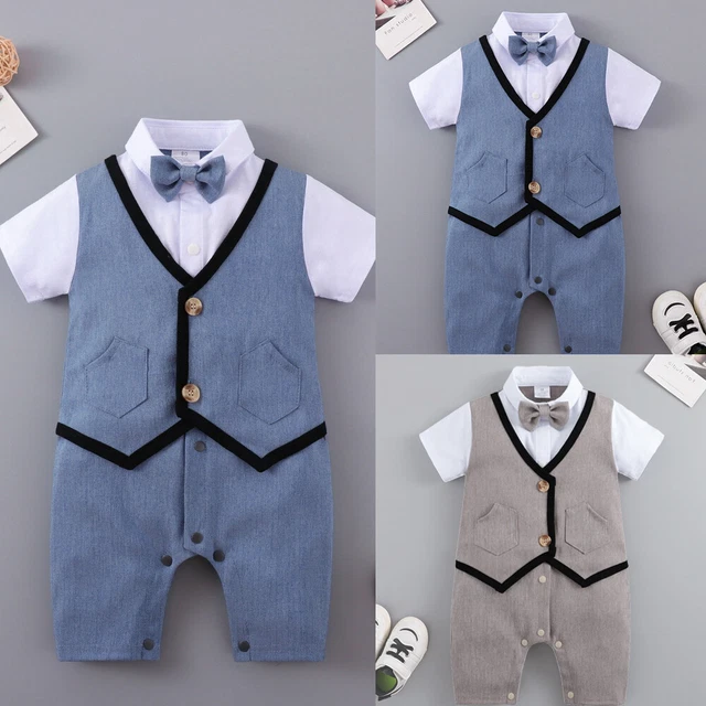 Newborn Boys Fake 2 Piece Gentleman Jumpsuit Button Down Formal Wedding Outfits
